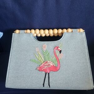 Embroidered Flamingo Handbag - Blue